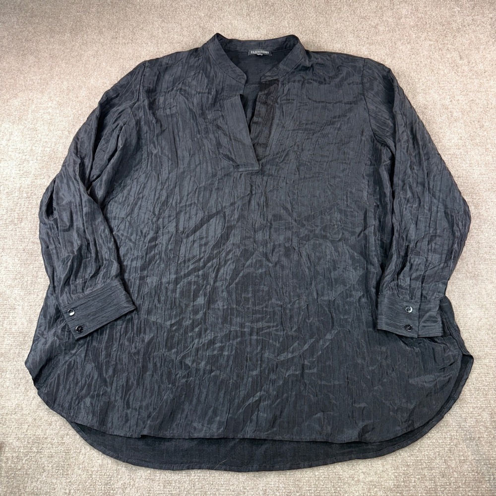 Eileen Fisher Black Crinkle Silk Blend Split Neck Tunic Top Medium